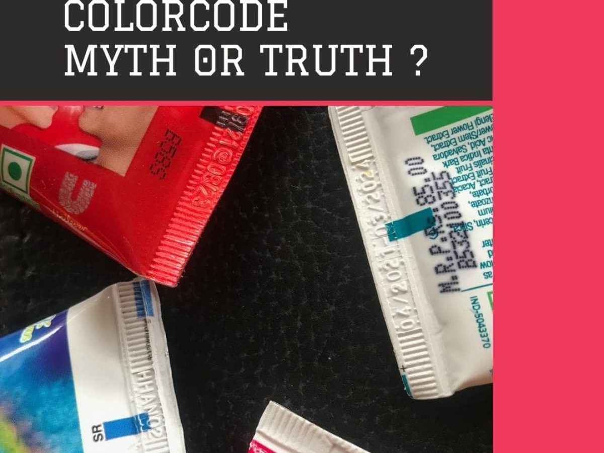 Close-up of toothpaste tubes showing color-coded bands near the bottom, with overlaid text asking 'COLORCODE MYTH OR TRUTH?'